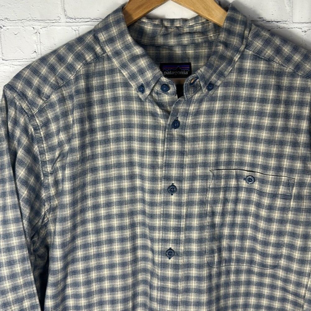 Patagonia Men's Vjosa River Organic Cotton Tan Black Plaid Shirt size L Large - Picture 2 of 8
